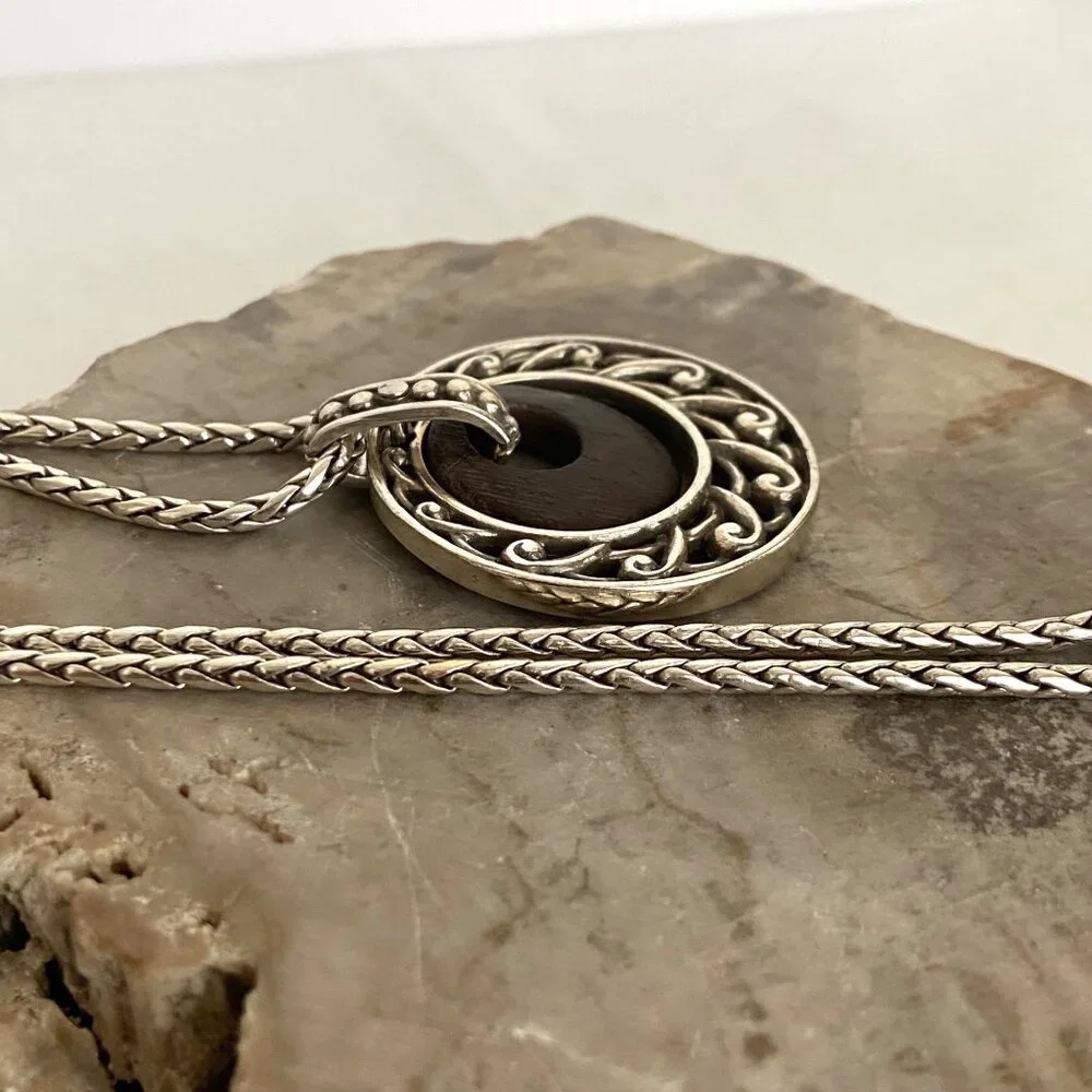 Brighton Katu Collection Silver Plated Round Wood Pendant Necklace 16